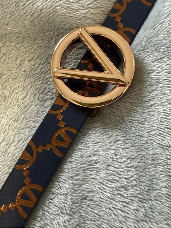 Valentino Gold V Logo Buckle Leather Belt - Black with Brown Pattern